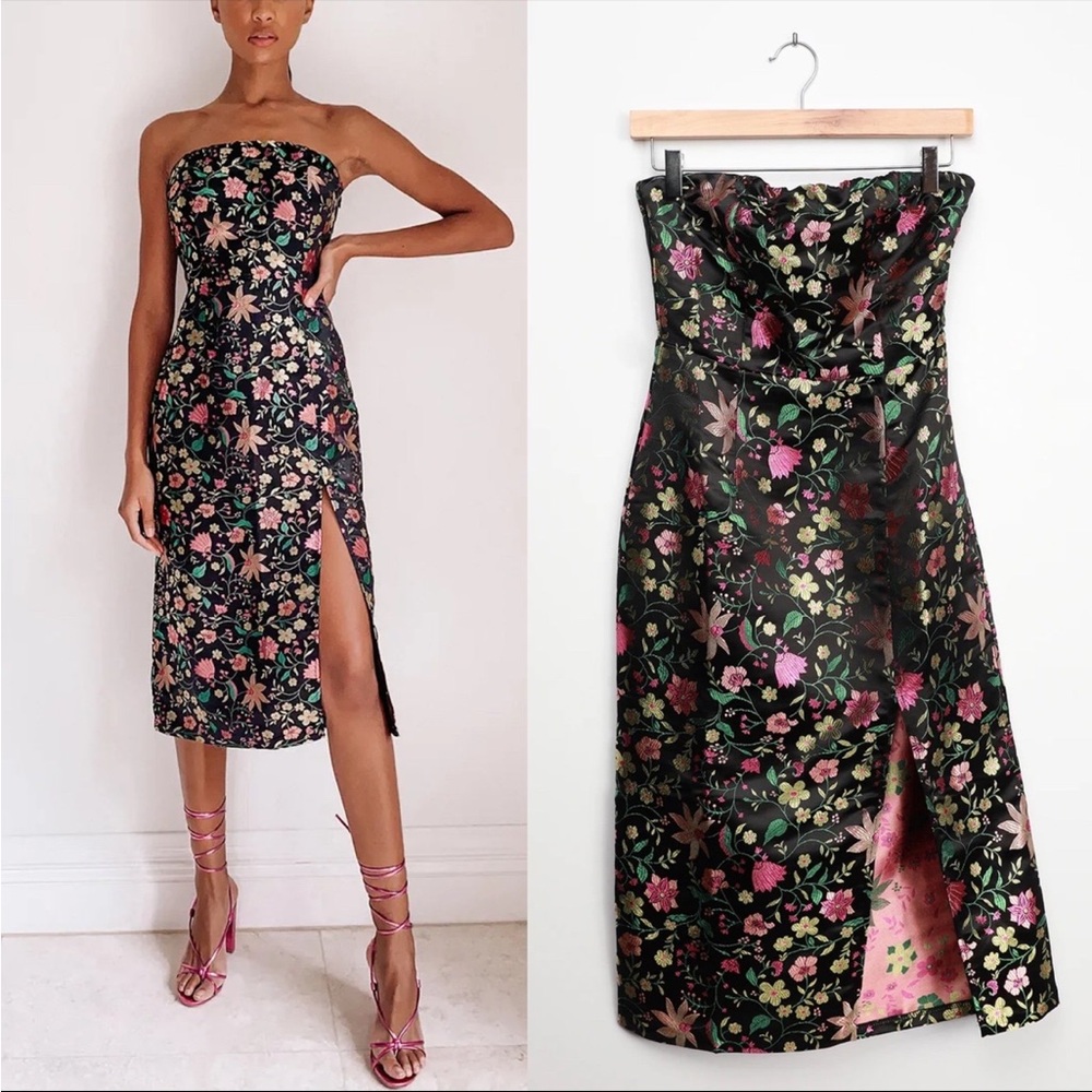 Black Satin and Colorful Floral Embroidered Strapless Midi Dress 🌿